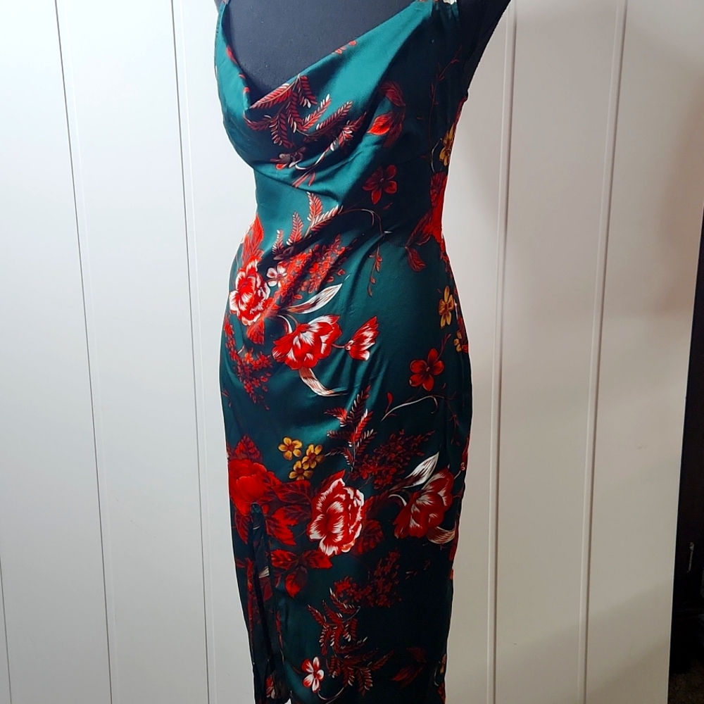 Pretty littleThing. Jewel tone green floral  Satin Slip Dress.
